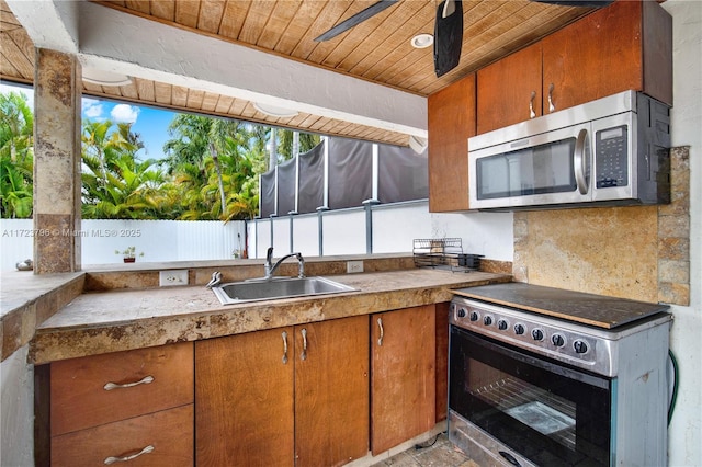 kitchen featuring wooden ceiling, ceiling fan, range, and sink