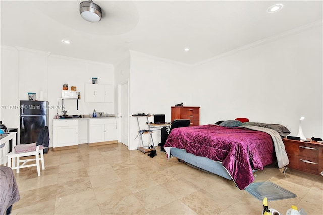 bedroom with ceiling fan, black refrigerator, and ornamental molding