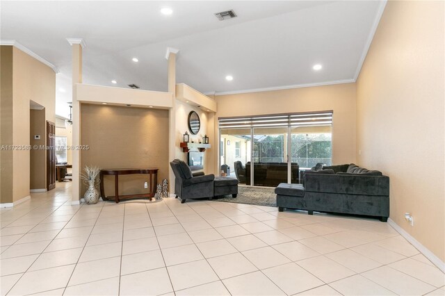 tiled living room with ornamental molding