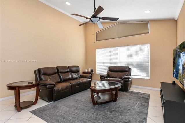 tiled living room featuring crown molding and ceiling fan