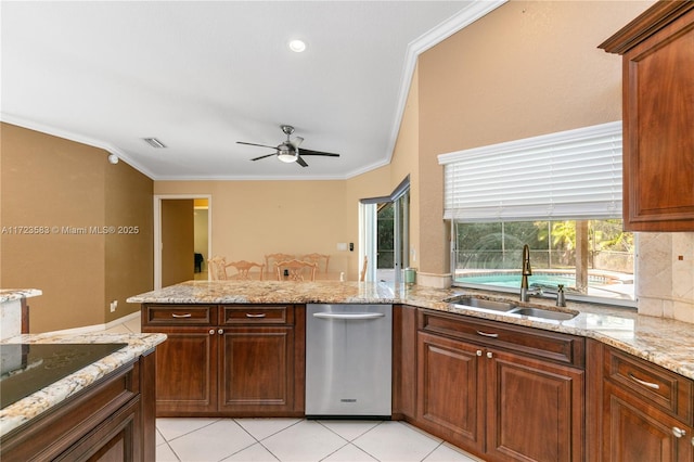 kitchen with ceiling fan, sink, light tile patterned flooring, and crown molding