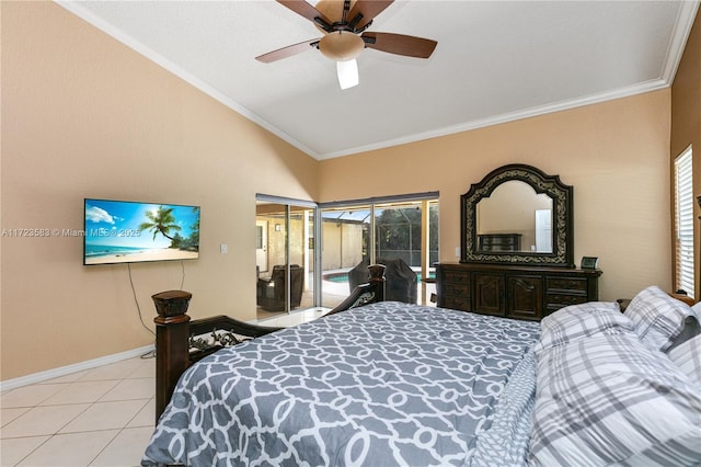 bedroom featuring ceiling fan, vaulted ceiling, a closet, light tile patterned floors, and ornamental molding