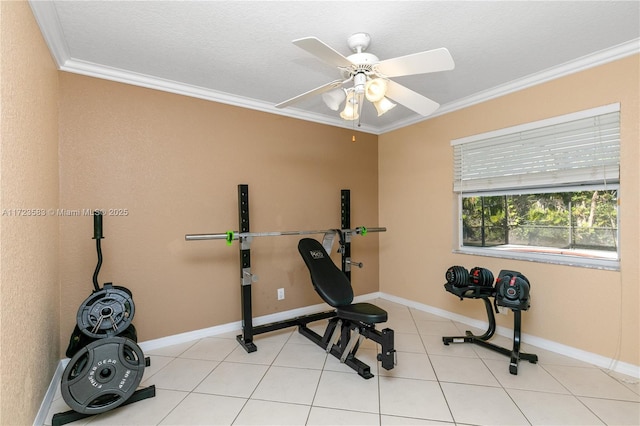 exercise room with light tile patterned floors, ceiling fan, and ornamental molding