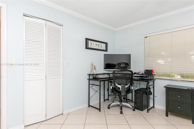 office featuring light tile patterned floors and crown molding