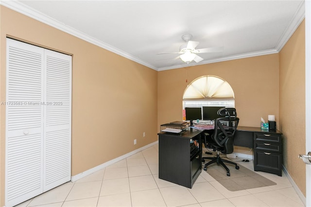 office with ceiling fan, light tile patterned floors, and crown molding