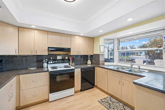 kitchen featuring dishwasher, light brown cabinets, a raised ceiling, and white electric range