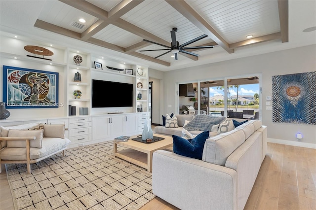 living room with ceiling fan, beamed ceiling, light hardwood / wood-style flooring, and wood ceiling