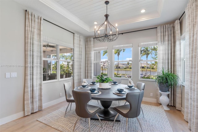 dining room featuring light hardwood / wood-style floors, wooden ceiling, a tray ceiling, and a notable chandelier