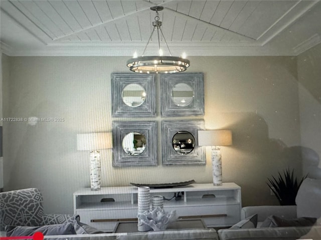 interior space with crown molding and a chandelier