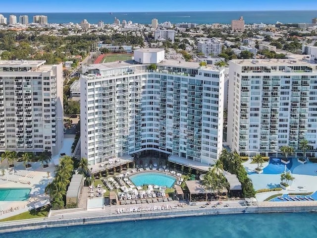 drone / aerial view featuring a water view