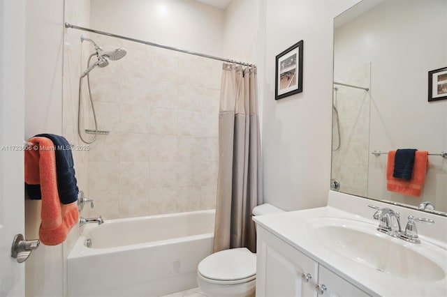 full bathroom with vanity, shower / bath combination with curtain, and toilet