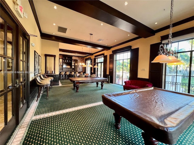 rec room featuring pool table, beamed ceiling, carpet, and visible vents