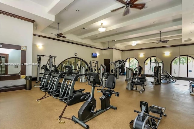 workout area featuring a ceiling fan and visible vents