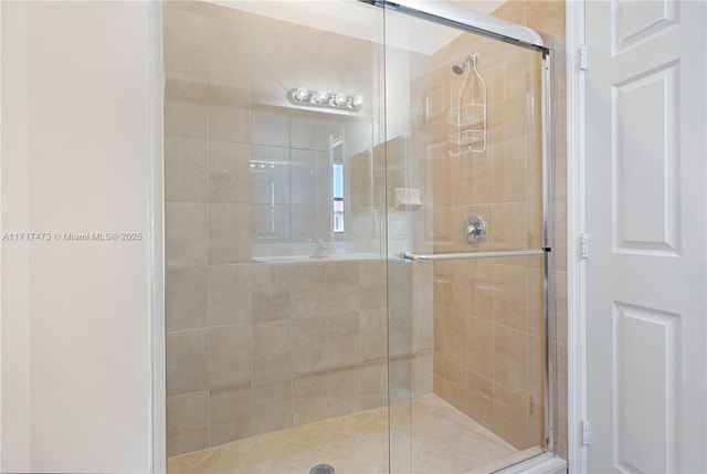 bathroom with a shower with shower door