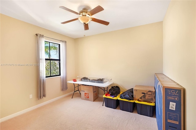 game room featuring carpet floors and ceiling fan