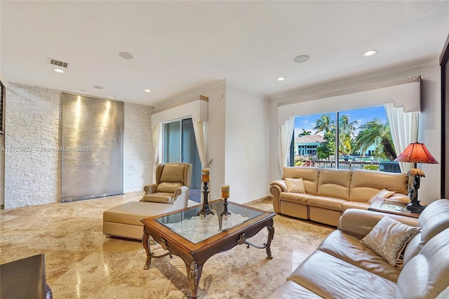 living room featuring ornamental molding