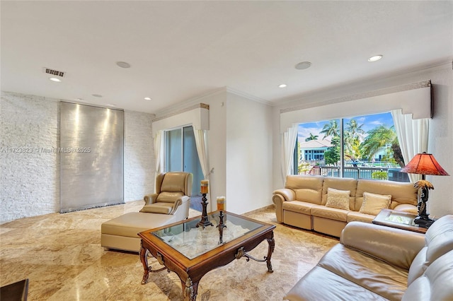 living room featuring ornamental molding