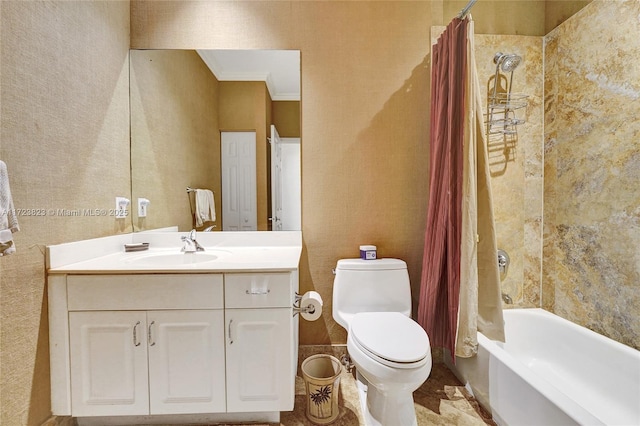 full bathroom with shower / bath combination with curtain, vanity, toilet, and ornamental molding