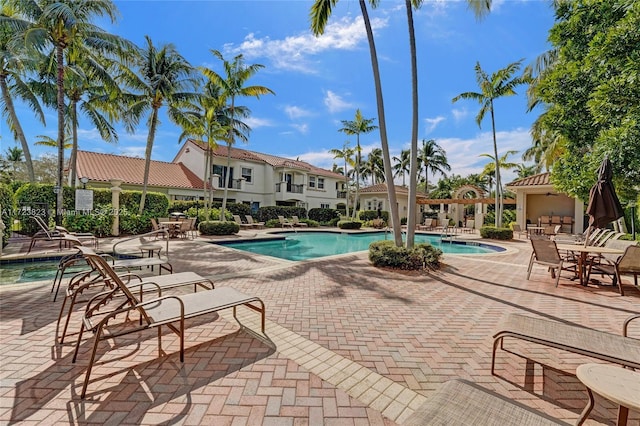 view of swimming pool featuring a patio area