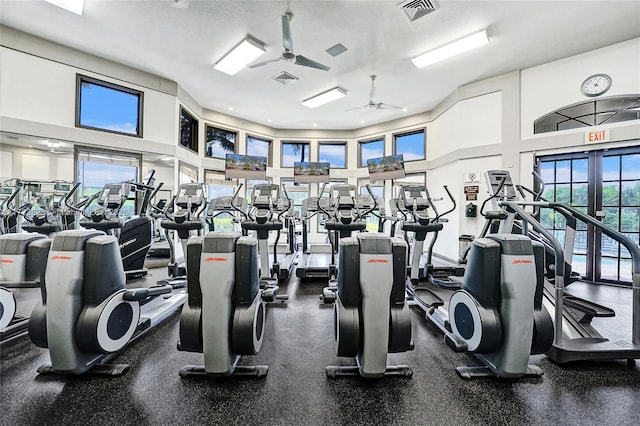 workout area featuring ceiling fan