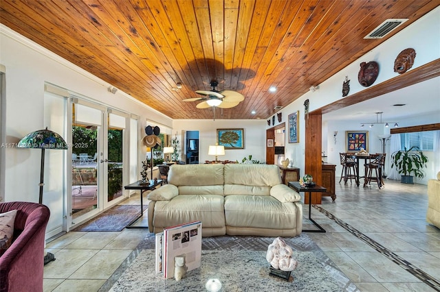 living room with ceiling fan, french doors, light tile patterned floors, and wood ceiling