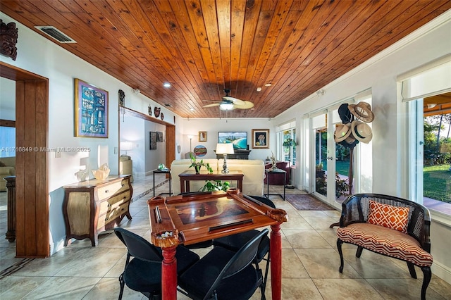 dining room featuring ceiling fan, french doors, light tile patterned flooring, and wood ceiling