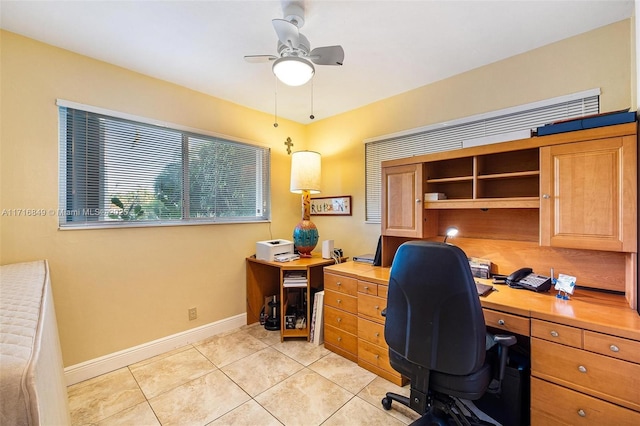 tiled office with ceiling fan