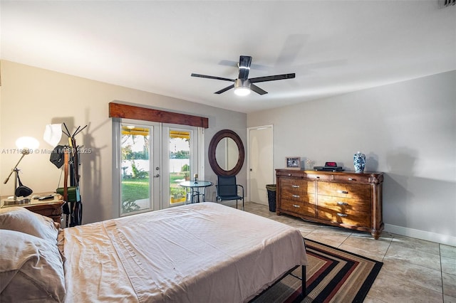 bedroom with access to exterior, ceiling fan, and french doors