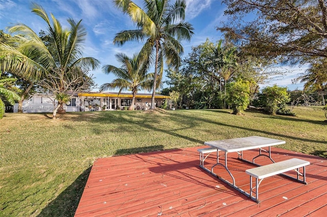 wooden terrace featuring a lawn