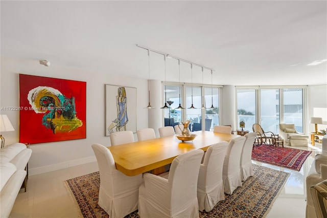 dining area featuring rail lighting and floor to ceiling windows