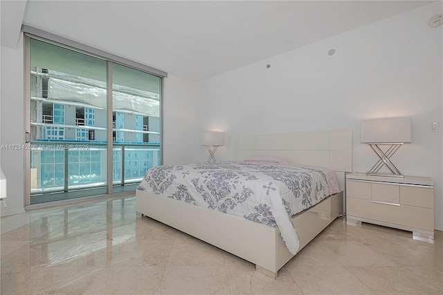 55 SE 6th St Unit 1507, Miami, FL 33131 - bedroom with a wall of windows, multiple windows, light marble finish flooring, and access to outside