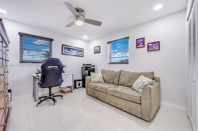 tiled office with ceiling fan