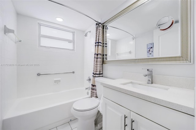 full bathroom with toilet, tile patterned flooring, shower / bath combination with curtain, and vanity