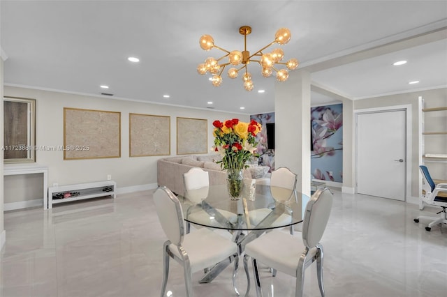 dining area with a notable chandelier and crown molding