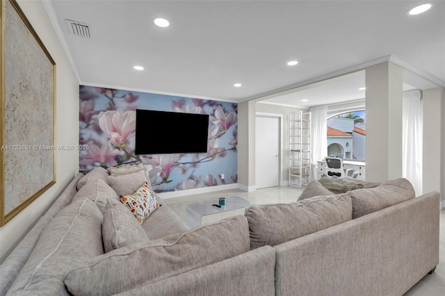 living room featuring ornamental molding