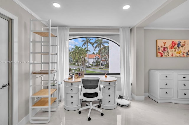 office area featuring crown molding