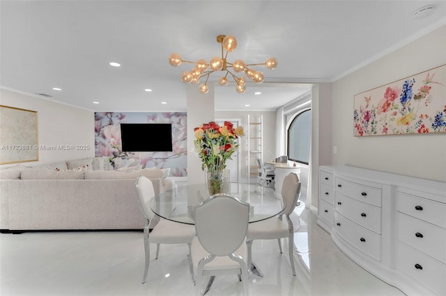 dining space with an inviting chandelier and ornamental molding