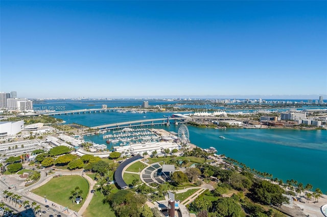 bird's eye view with a water view