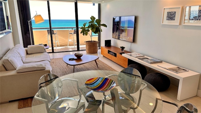 living room featuring floor to ceiling windows and light hardwood / wood-style flooring