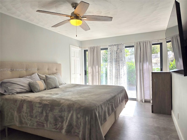 bedroom featuring ceiling fan and access to exterior