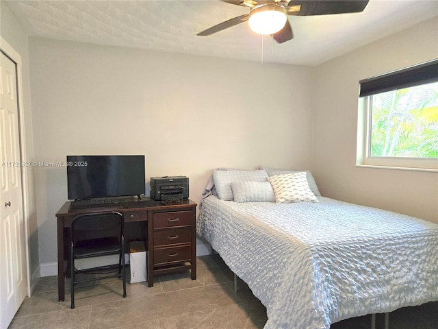 bedroom featuring ceiling fan and a closet