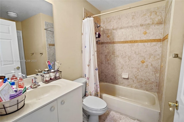 full bathroom featuring toilet, vanity, and shower / tub combo with curtain