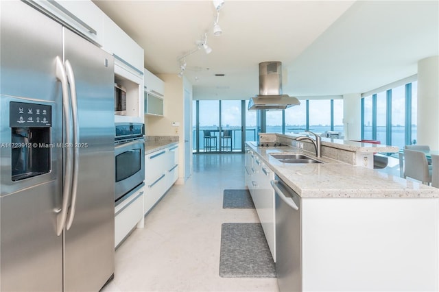 kitchen featuring white cabinets, island exhaust hood, stainless steel appliances, a kitchen island with sink, and expansive windows