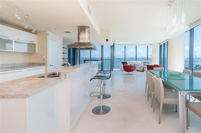 kitchen featuring white cabinets, a kitchen bar, island range hood, a water view, and expansive windows