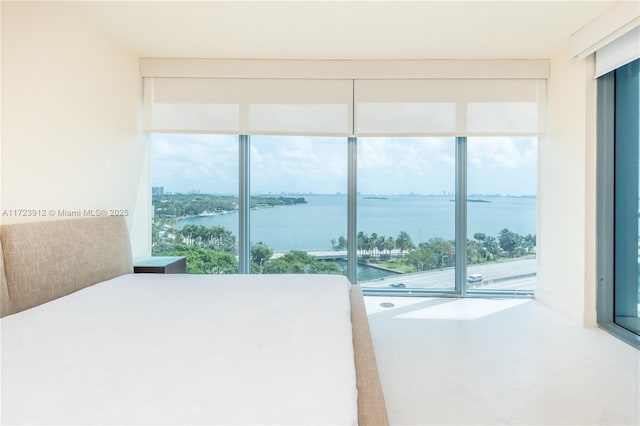 bedroom with access to exterior and a water view