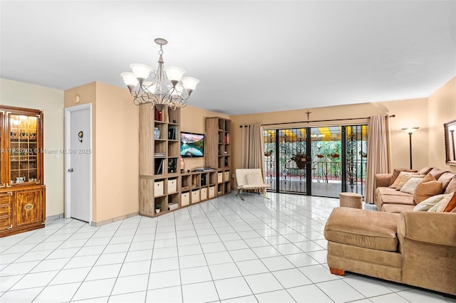 living room with light tile patterned flooring and a chandelier