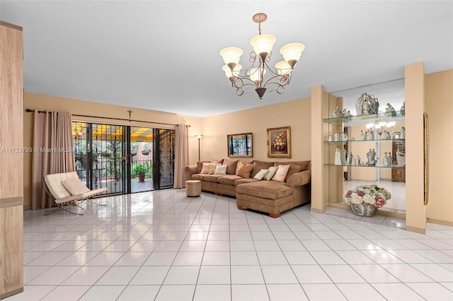 living room featuring light tile patterned floors and an inviting chandelier