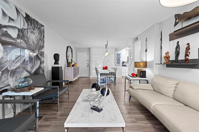 living room featuring hardwood / wood-style flooring and a textured ceiling