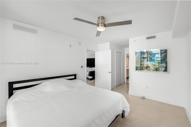 bedroom with ceiling fan and a closet