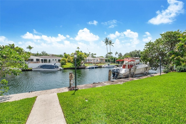 dock area with a yard and a water view